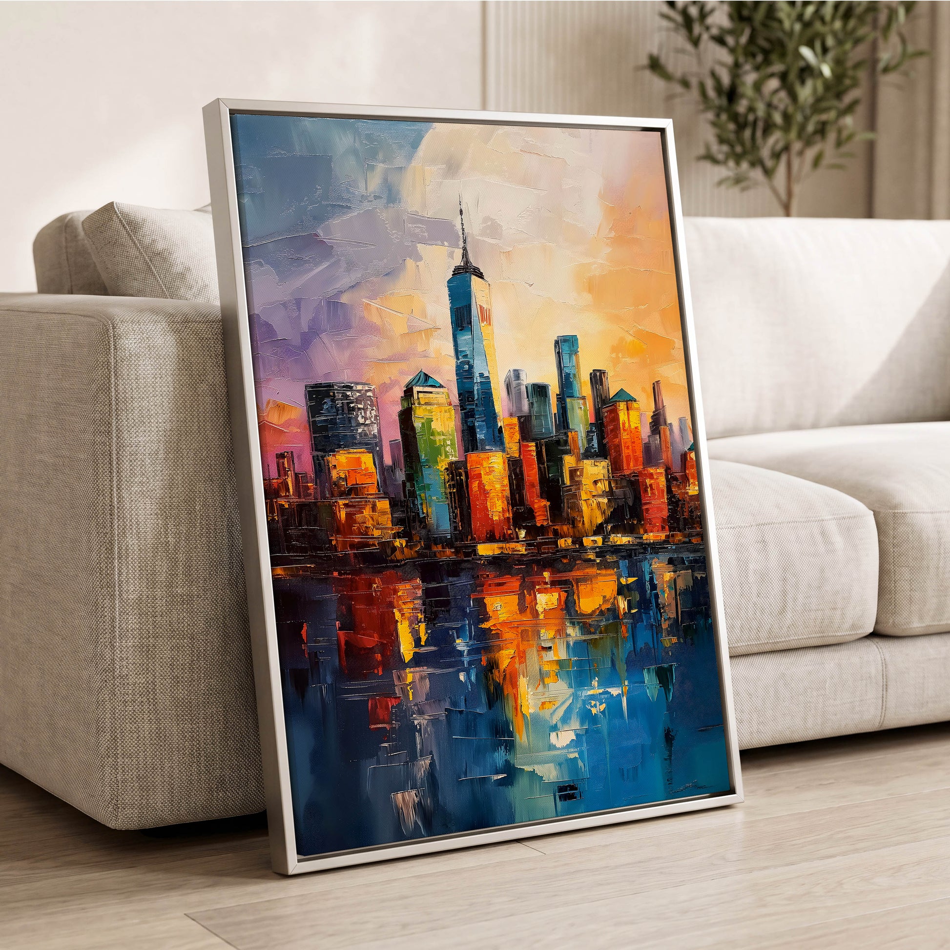 City of Golden Reflections, blue, orange, gold abstract wall art displayed in a styled interior, gallery view 2