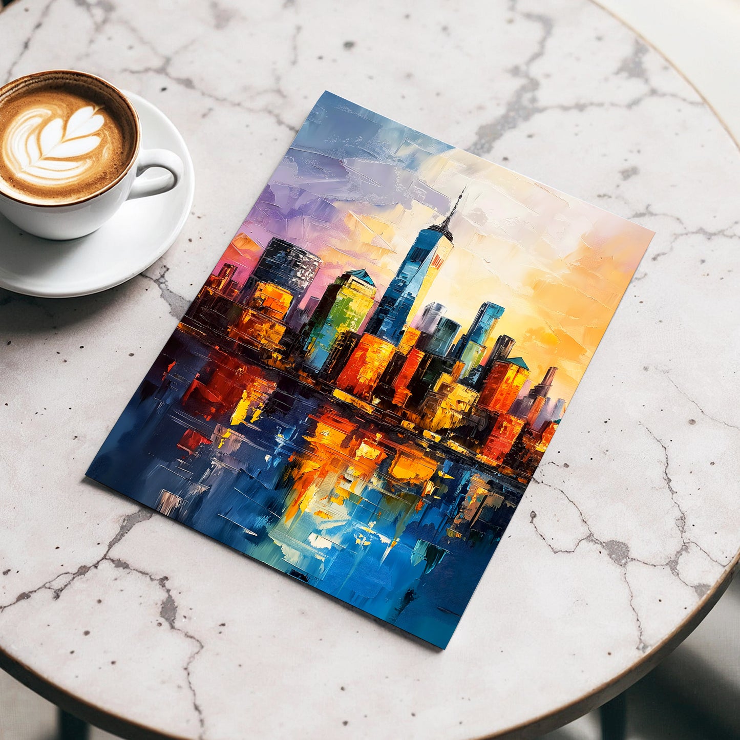 City of Golden Reflections, blue, orange, gold abstract wall art displayed in a styled interior, gallery view 3