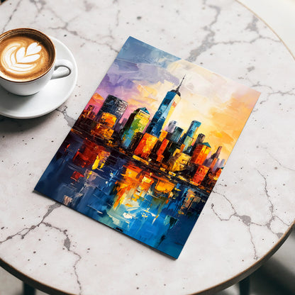 City of Golden Reflections, blue, orange, gold abstract wall art displayed in a styled interior, gallery view 3