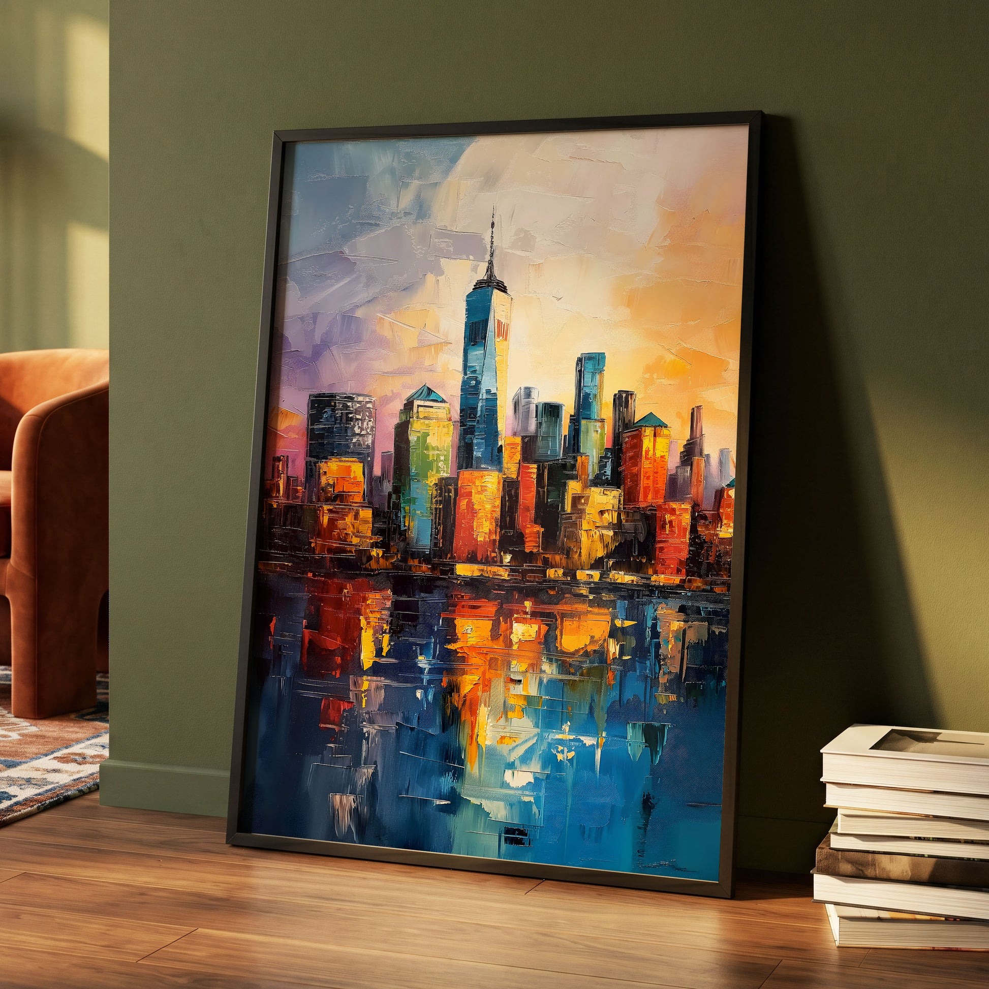 City of Golden Reflections, blue, orange, gold abstract wall art displayed in a styled interior, gallery view 4