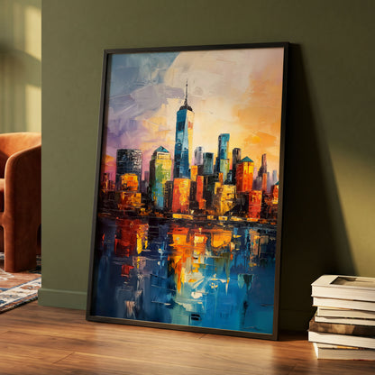 City of Golden Reflections, blue, orange, gold abstract wall art displayed in a styled interior, gallery view 4