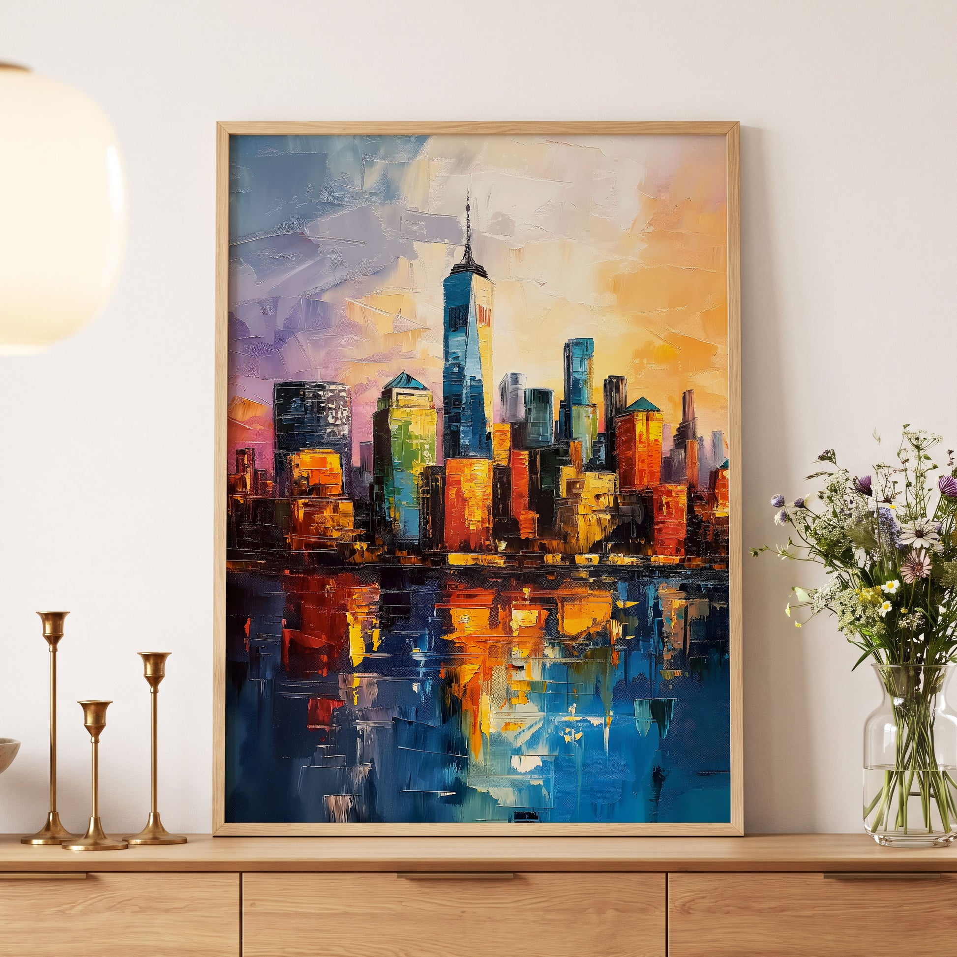 City of Golden Reflections, blue, orange, gold abstract wall art displayed in a styled interior, gallery view 5