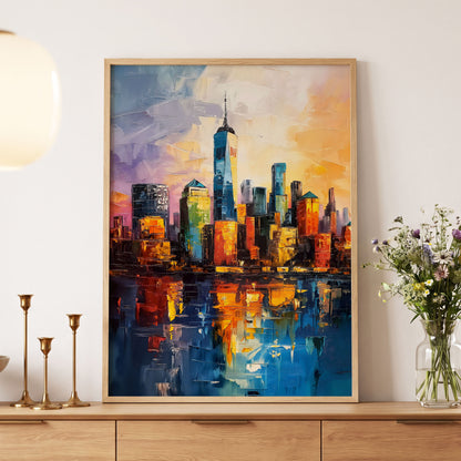 City of Golden Reflections, blue, orange, gold abstract wall art displayed in a styled interior, gallery view 5