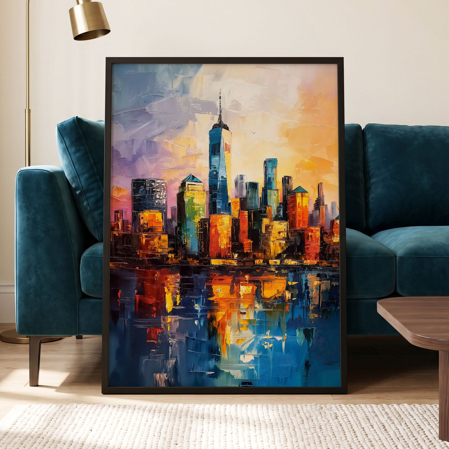 City of Golden Reflections, blue, orange, gold abstract wall art displayed in a styled interior, gallery view 6