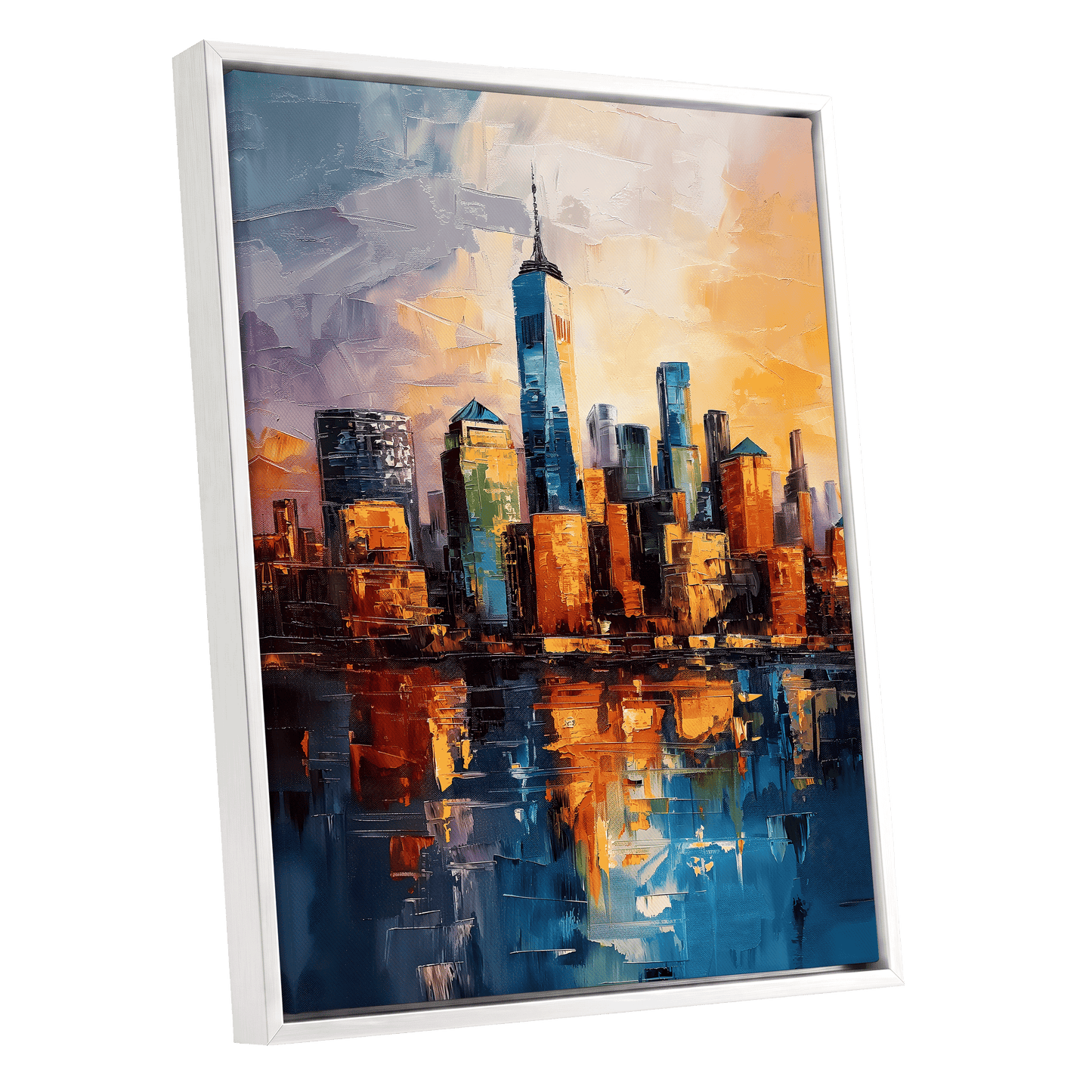 City of Golden Reflections, blue, orange, gold abstract wall art shown as a white framed canvas wall art