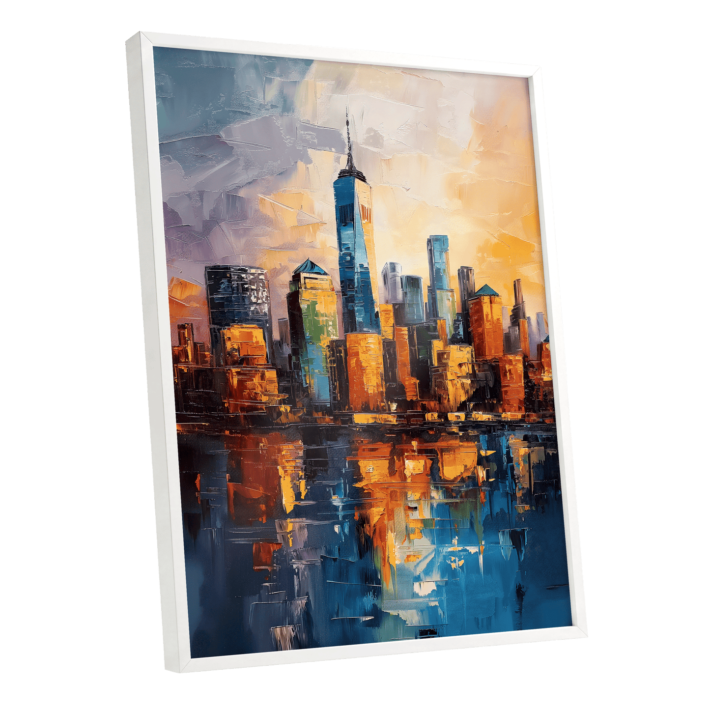 City of Golden Reflections, blue, orange, gold abstract wall art shown as a white framed poster wall art print