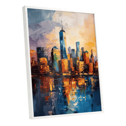City of Golden Reflections, blue, orange, gold abstract wall art shown as a white framed poster wall art print