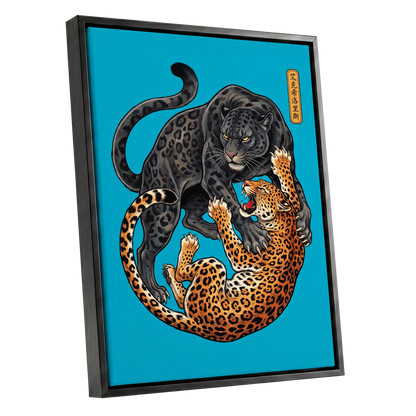 Clash of the Shadow Cats, blue, black, gray nature wall art shown as a black framed canvas wall art