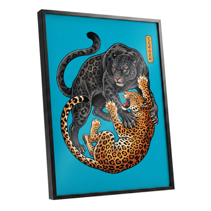 Clash of the Shadow Cats, blue, black, gray nature wall art shown as a black framed poster wall art print