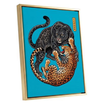 Clash of the Shadow Cats, blue, black, gray nature wall art shown as a gold framed canvas wall art