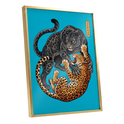 Clash of the Shadow Cats, blue, black, gray nature wall art shown as a gold framed poster wall art print