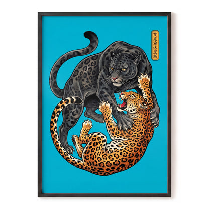 Clash of the Shadow Cats, blue, black, gray nature wall art, front artwork view