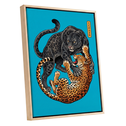Clash of the Shadow Cats, blue, black, gray nature wall art shown as a oak framed canvas wall art