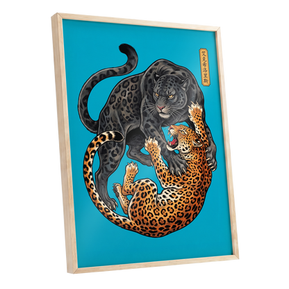 Clash of the Shadow Cats, blue, black, gray nature wall art shown as a oak framed poster wall art print