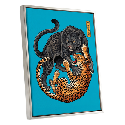 Clash of the Shadow Cats, blue, black, gray nature wall art shown as a silver framed canvas wall art