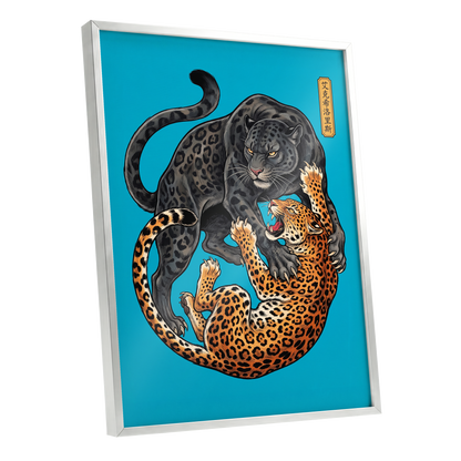 Clash of the Shadow Cats, blue, black, gray nature wall art shown as a silver framed poster wall art print
