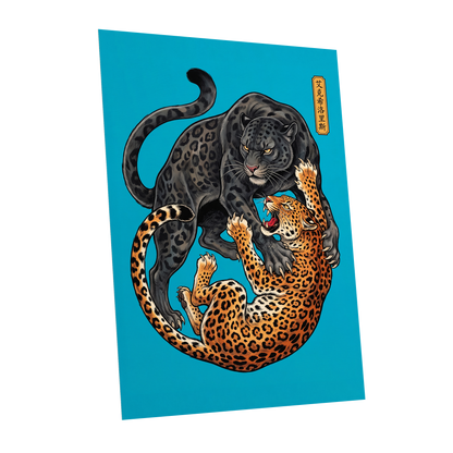 Clash of the Shadow Cats, blue, black, gray nature wall art shown as a unframed poster wall art print
