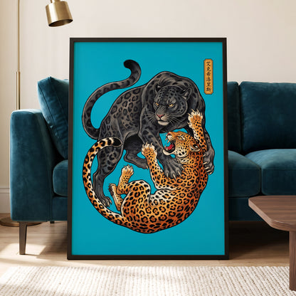 Clash of the Shadow Cats, blue, black, gray nature wall art displayed in a styled interior, gallery view 2