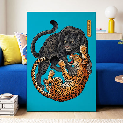 Clash of the Shadow Cats, blue, black, gray nature wall art displayed in a styled interior, gallery view 3