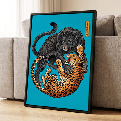 Clash of the Shadow Cats, blue, black, gray nature wall art displayed in a styled interior, gallery view 4