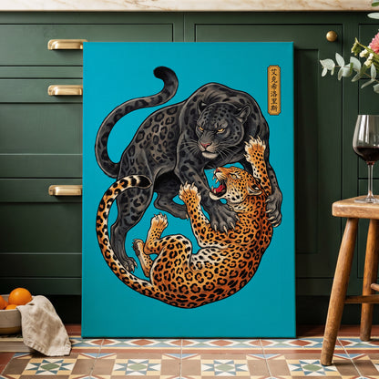Clash of the Shadow Cats, blue, black, gray nature wall art displayed in a styled interior, gallery view 7
