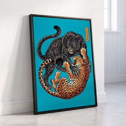 Clash of the Shadow Cats, blue, black, gray nature wall art displayed in a styled interior, gallery view 8