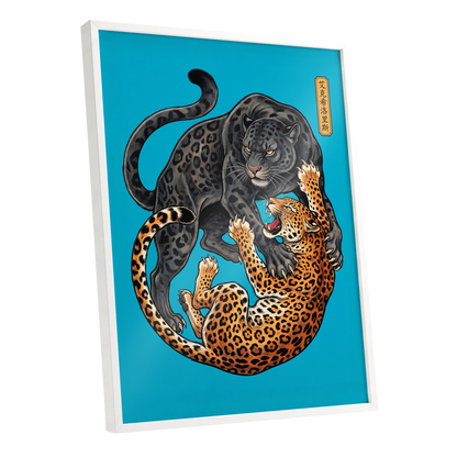 Clash of the Shadow Cats, blue, black, gray nature wall art shown as a white framed poster wall art print