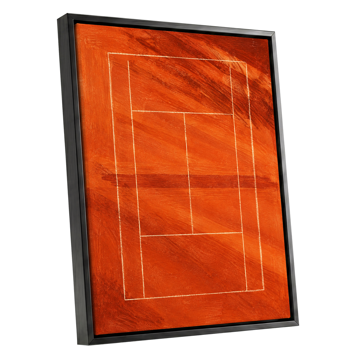 Clay Court Rhythm, orange, red, brown abstract wall art shown as a black framed canvas wall art
