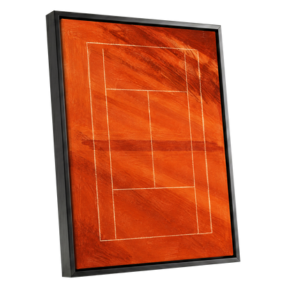 Clay Court Rhythm, orange, red, brown abstract wall art shown as a black framed canvas wall art