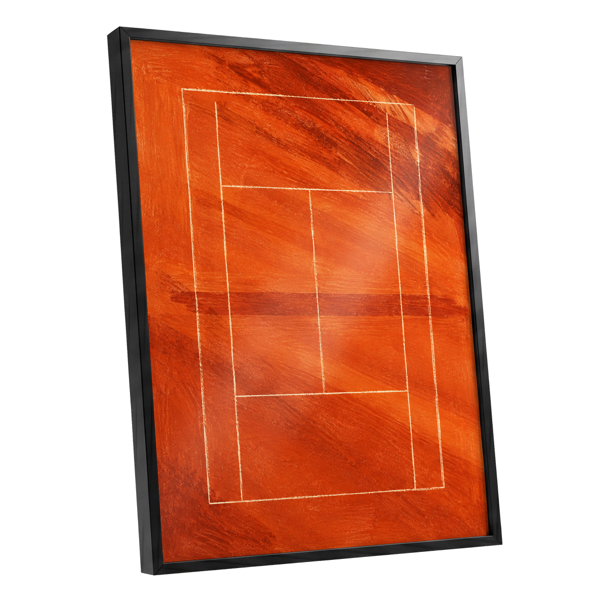 Clay Court Rhythm, orange, red, brown abstract wall art shown as a black framed poster wall art print