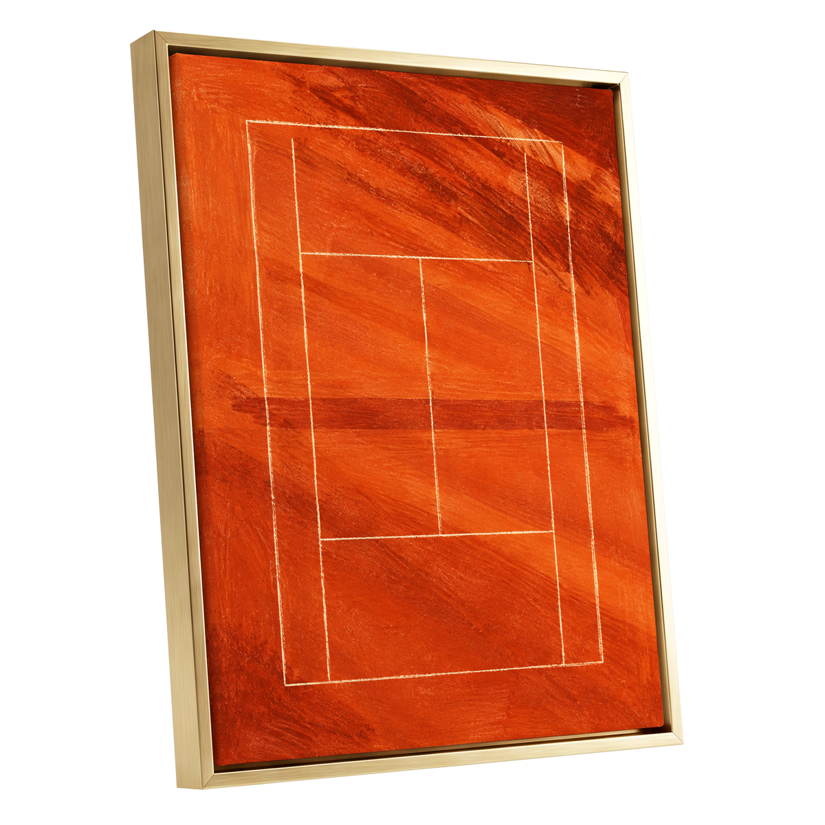 Clay Court Rhythm, orange, red, brown abstract wall art shown as a gold framed canvas wall art