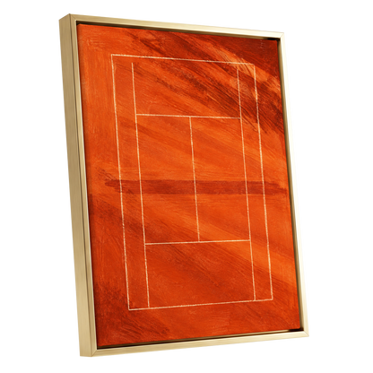 Clay Court Rhythm, orange, red, brown abstract wall art shown as a gold framed canvas wall art