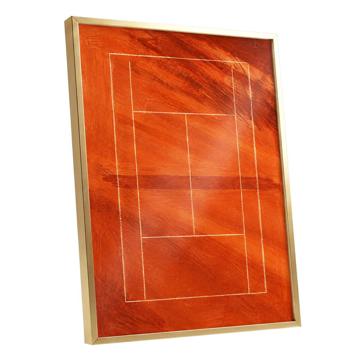 Clay Court Rhythm, orange, red, brown abstract wall art shown as a gold framed poster wall art print