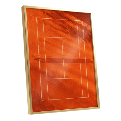 Clay Court Rhythm, orange, red, brown abstract wall art shown as a gold framed poster wall art print