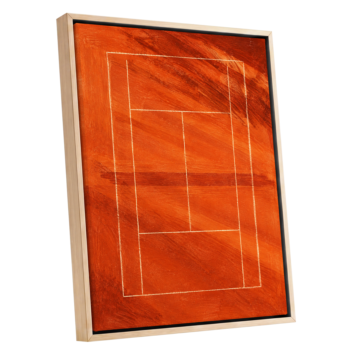 Clay Court Rhythm, orange, red, brown abstract wall art shown as a oak framed canvas wall art