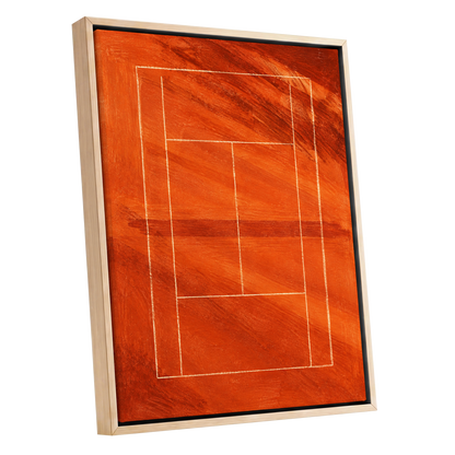 Clay Court Rhythm, orange, red, brown abstract wall art shown as a oak framed canvas wall art