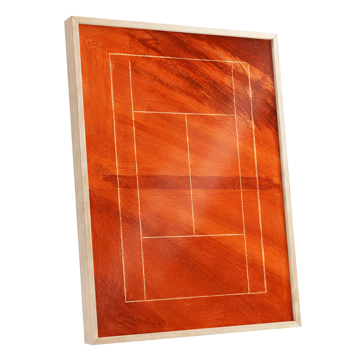 Clay Court Rhythm, orange, red, brown abstract wall art shown as a oak framed poster wall art print