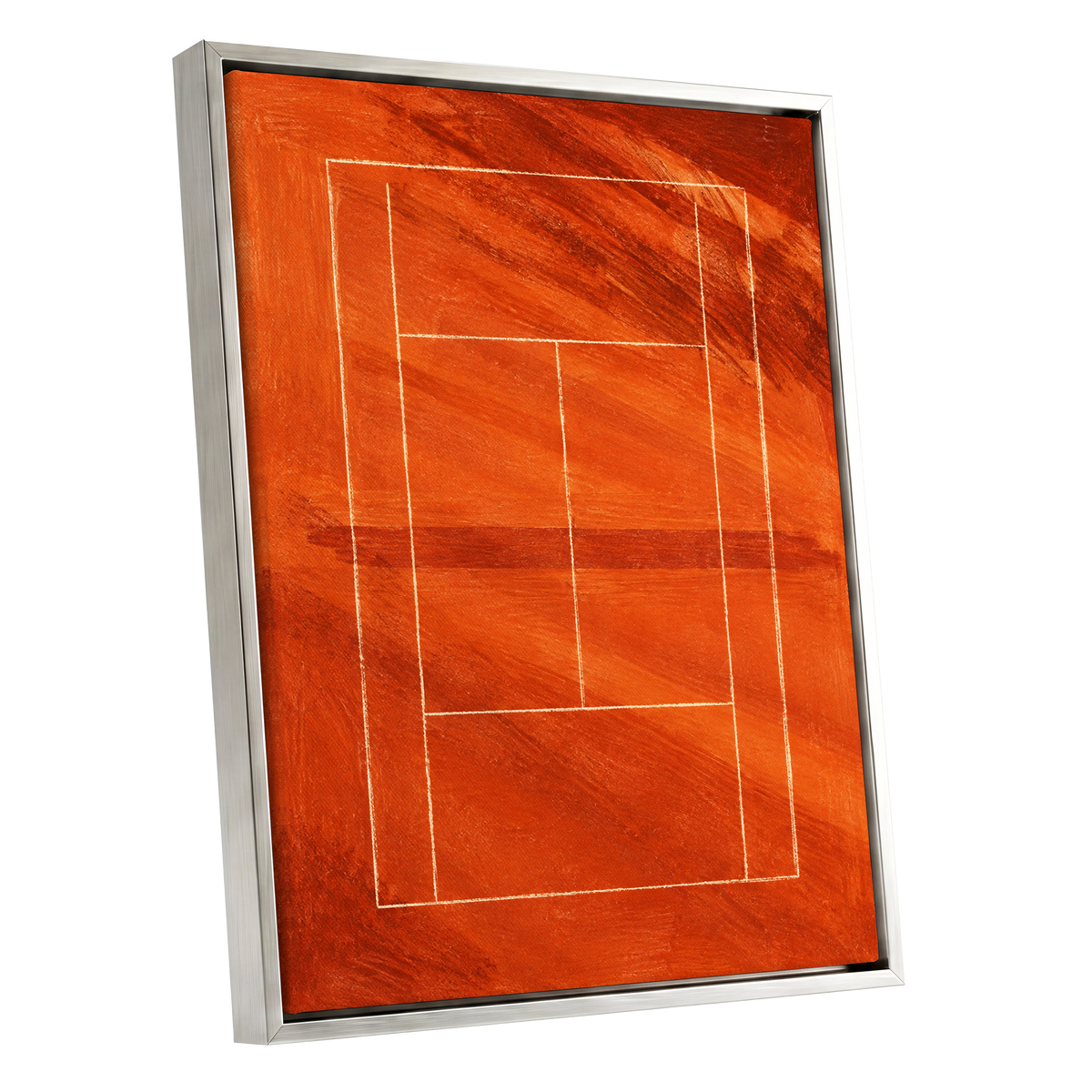 Clay Court Rhythm, orange, red, brown abstract wall art shown as a silver framed canvas wall art