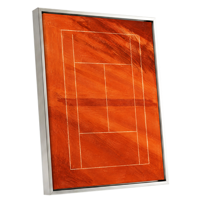 Clay Court Rhythm, orange, red, brown abstract wall art shown as a silver framed canvas wall art