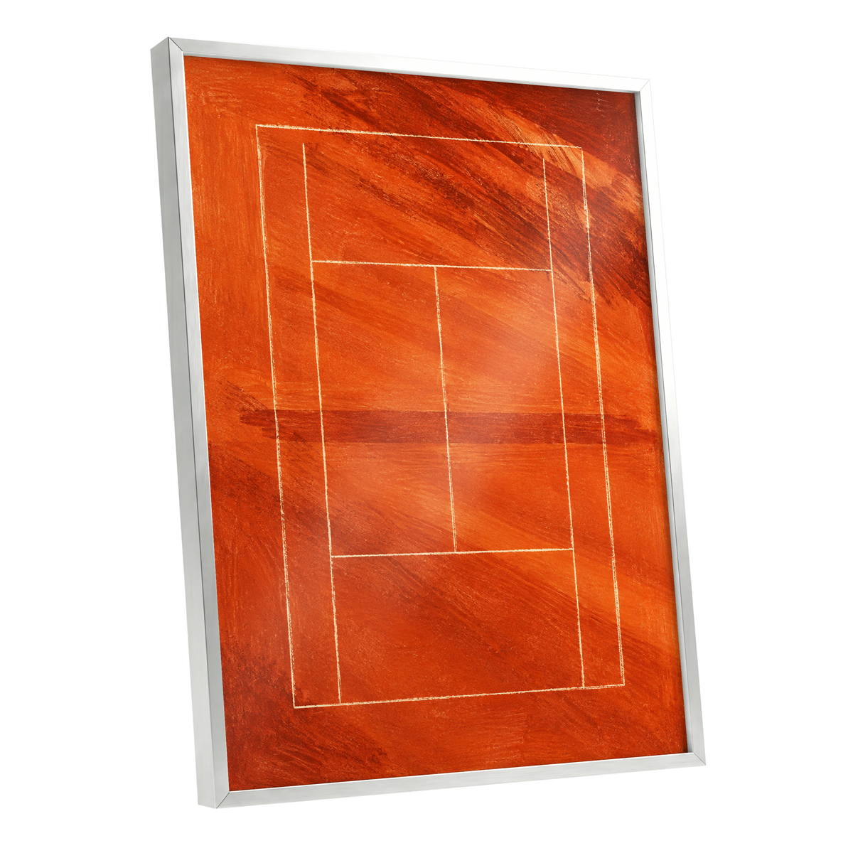 Clay Court Rhythm, orange, red, brown abstract wall art shown as a silver framed poster wall art print
