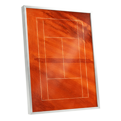 Clay Court Rhythm, orange, red, brown abstract wall art shown as a silver framed poster wall art print