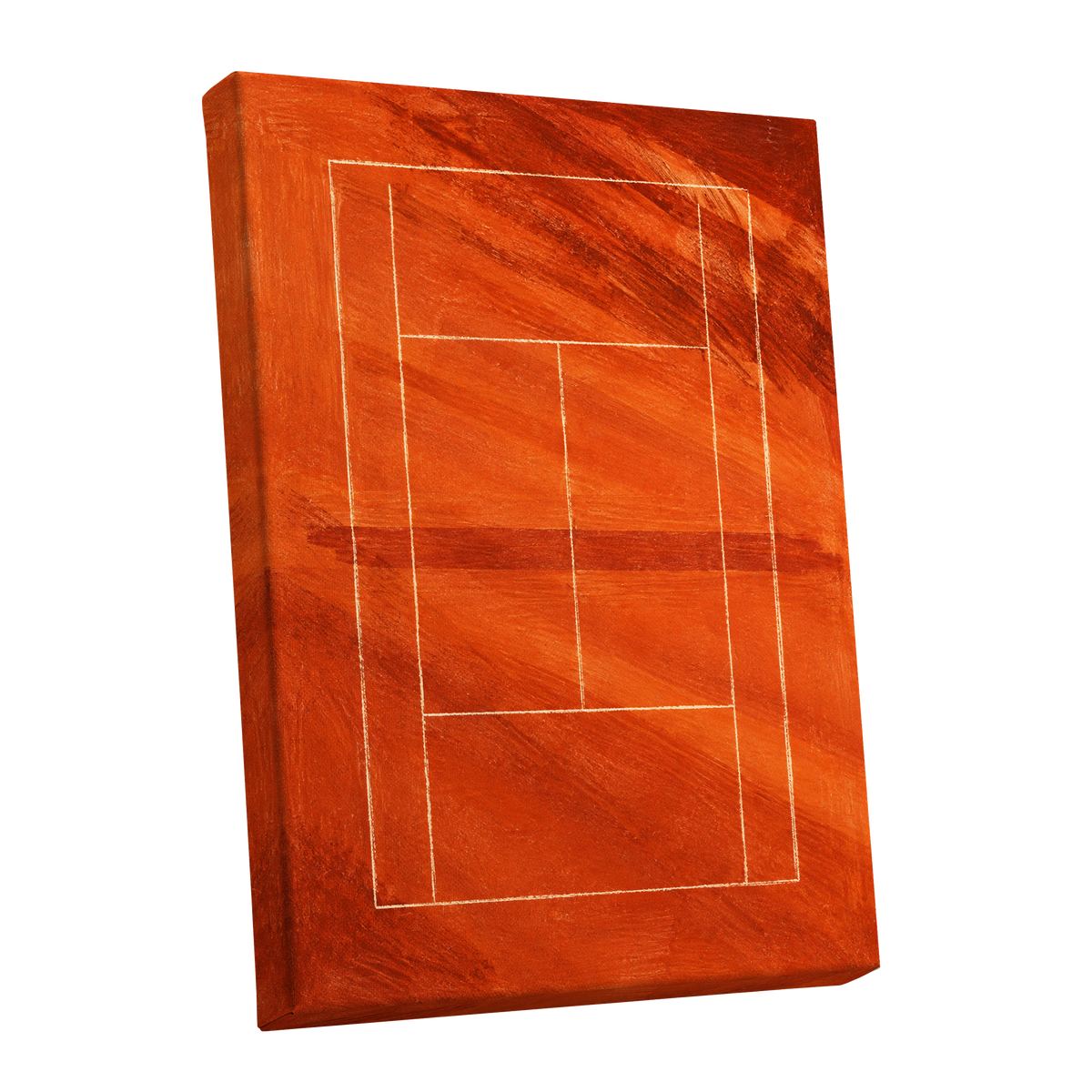 Clay Court Rhythm, orange, red, brown abstract wall art shown as a stretched canvas wall art