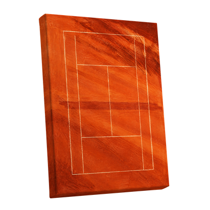 Clay Court Rhythm, orange, red, brown abstract wall art shown as a stretched canvas wall art