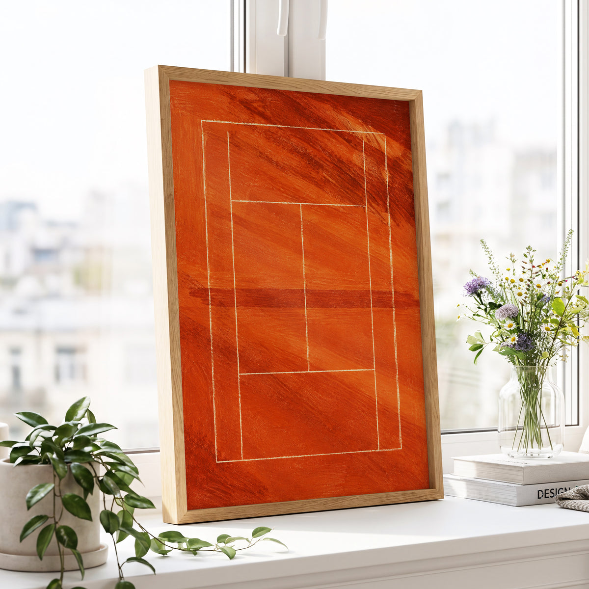 Clay Court Rhythm, orange, red, brown abstract wall art displayed in a styled interior, gallery view 2