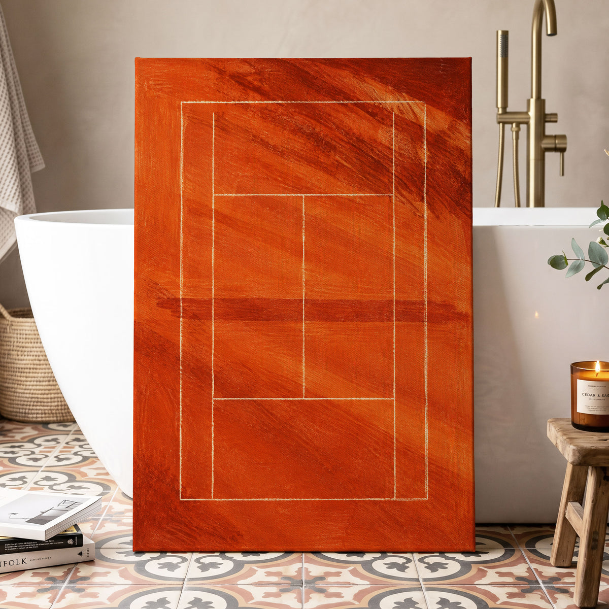 Clay Court Rhythm, orange, red, brown abstract wall art displayed in a styled interior, gallery view 3