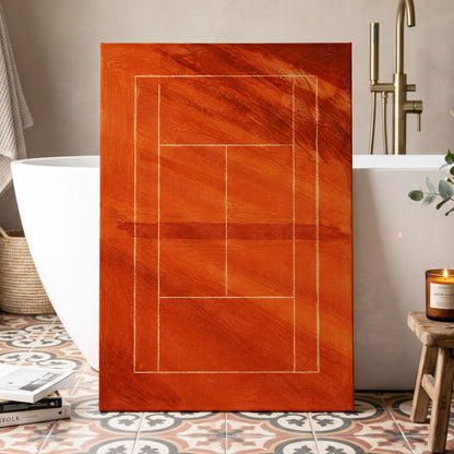 Clay Court Rhythm, orange, red, brown abstract wall art displayed in a styled interior, gallery view 3