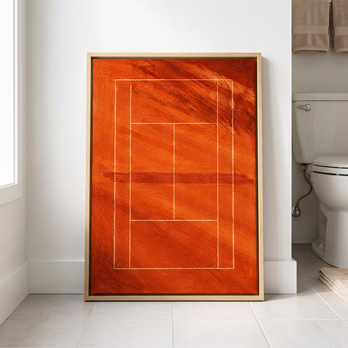 Clay Court Rhythm, orange, red, brown abstract wall art displayed in a styled interior, gallery view 4