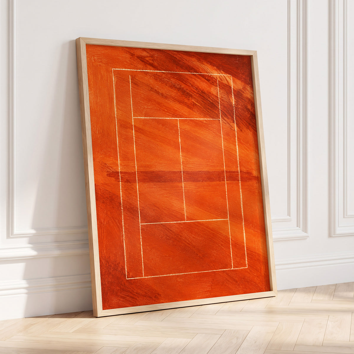 Clay Court Rhythm, orange, red, brown abstract wall art displayed in a styled interior, gallery view 6