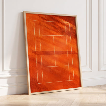 Clay Court Rhythm, orange, red, brown abstract wall art displayed in a styled interior, gallery view 6