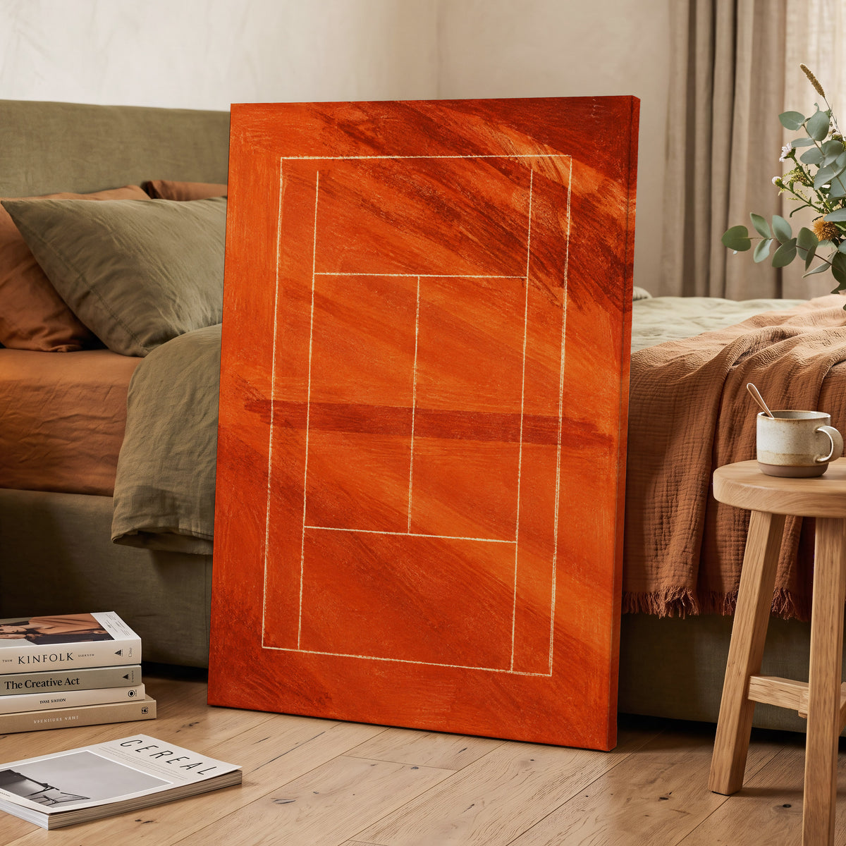 Clay Court Rhythm, orange, red, brown abstract wall art displayed in a styled interior, gallery view 7